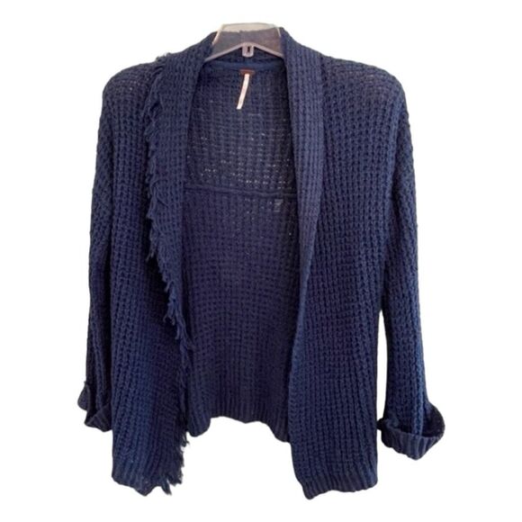 Free People I'll Be Around Cardigan Sweater Blue Silk Fringe Trim XS - Picture 3 of 13
